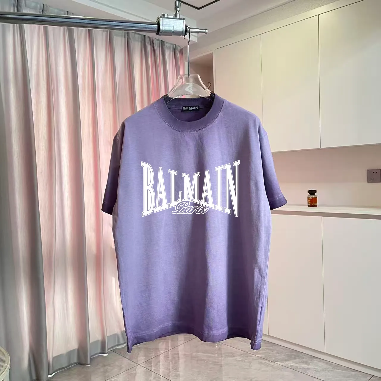 Balmain*Balmain 2026 Spring and Summer New Arrival Washed, distressed, personalized letter logo print, customized fabric g short-sleeved T-shirt, men and women Same Style Size: S M L XL XXL five sizes Color: White Brown Purple Gray